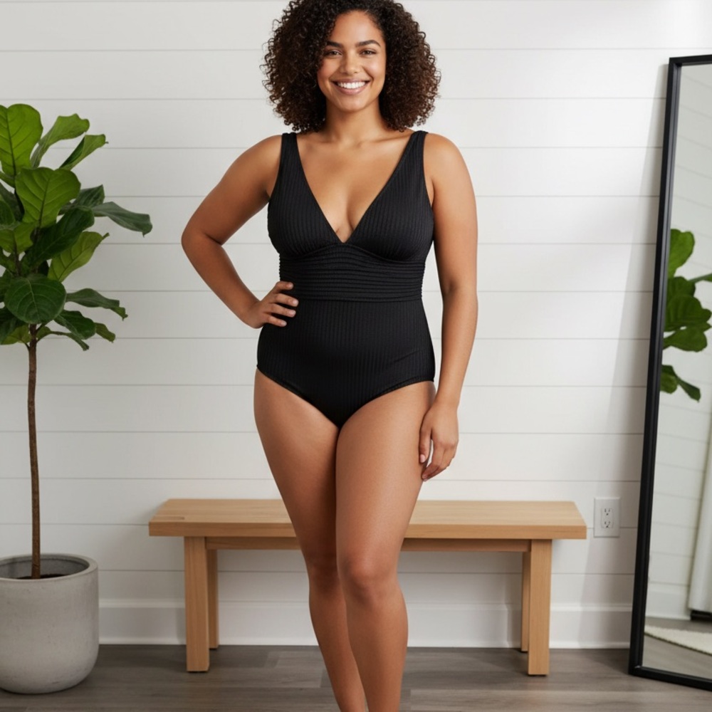 Black Ribbed One-Piece Swimsuit - Picture 3 of 5